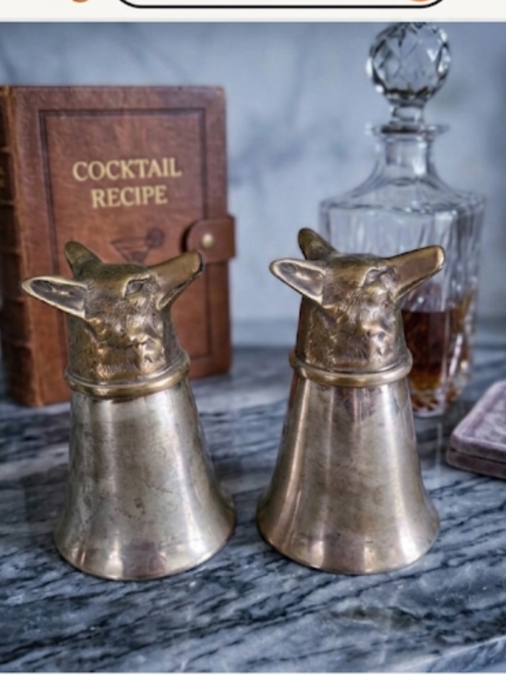 2 Brass & Silver Plate Fox Head Stirrup Goblets: Vintage